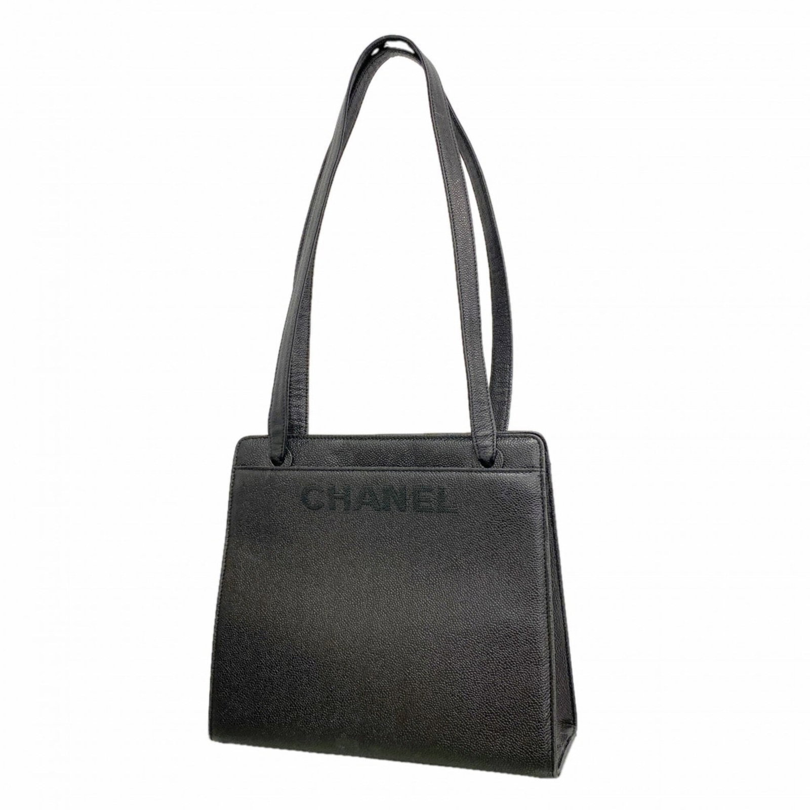 Calfskin bag tote by Chanel: Calfskin bag tote by Chanel Grained Calfskin bag tote by Chanel in black, featuring gold hardware and a classic design. This timeless piece measures 27cm x 30cm x 10.5cm. A stylish addition to any war