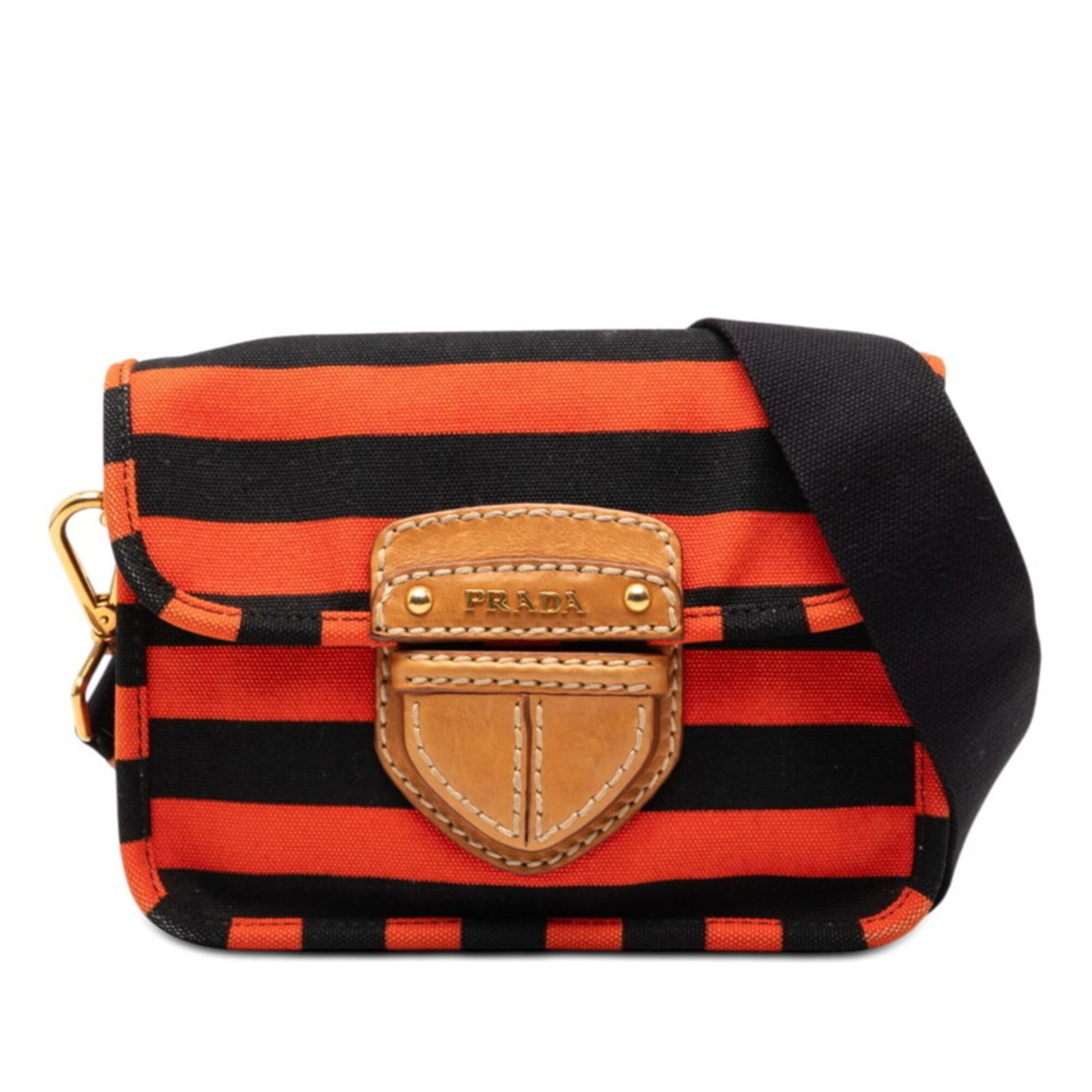 Prada Shoulder Bag Canvas Leather: Prada Shoulder Bag Canvas Leather Canvas and leather combine in a sleek, modern design. The Prada Canapa shoulder bag features a black canvas upper with orange accents, a magnetic closure, and adjusta