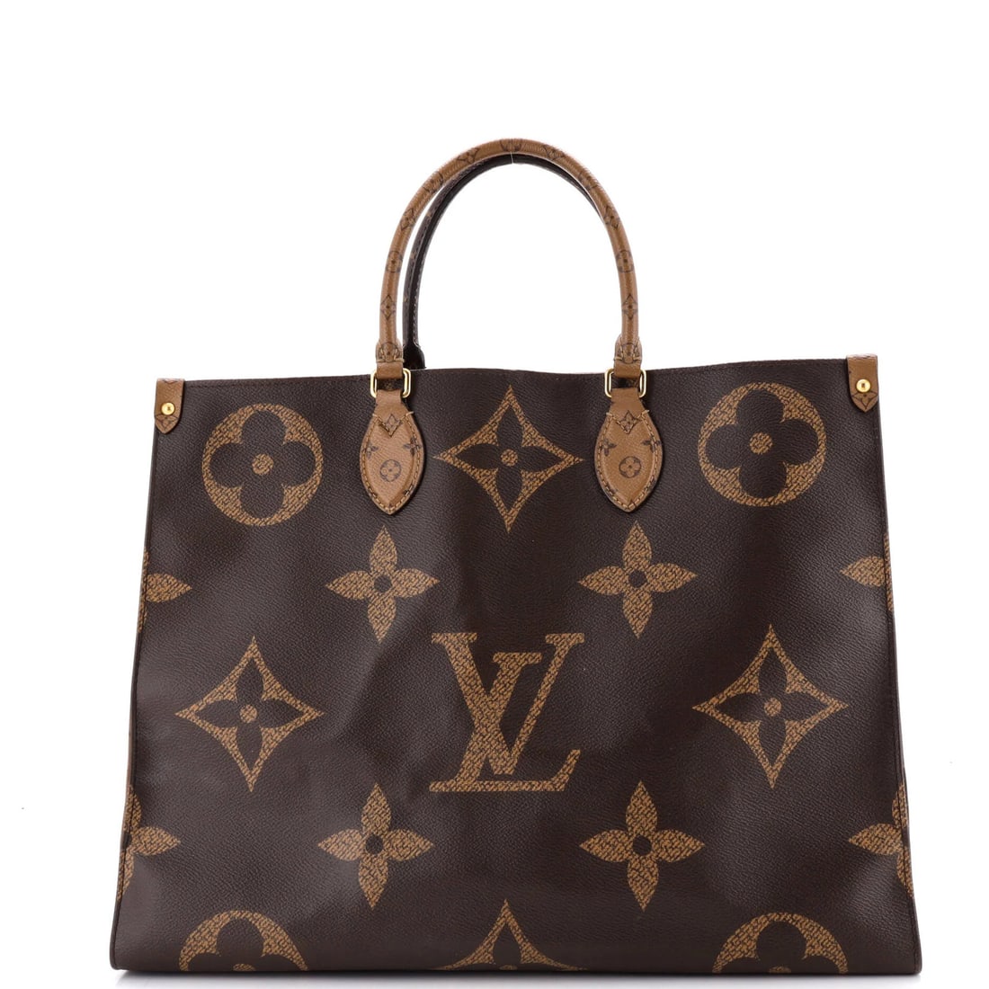 Louis Vuitton OnTheGo Tote Reverse Monogram Giant GM: Louis Vuitton OnTheGo Tote Reverse Monogram Giant GM Brown Louis Vuitton OnTheGo Tote Reverse Monogram Giant GM in good condition features heavy corner wear, scuffs, edge wear, and minor stains. The e