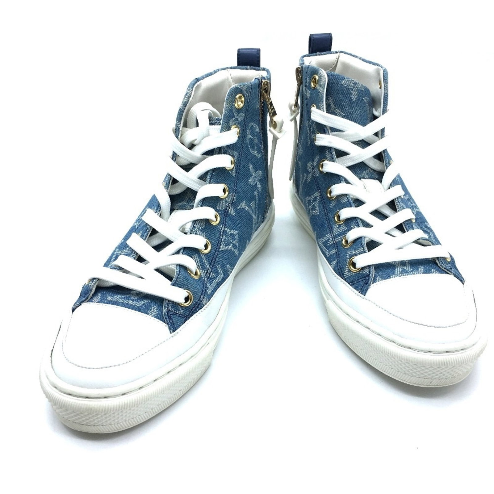 Louis Vuitton sneakers: Louis Vuitton sneakers Blue and White Louis Vuitton sneakers with denim upper, bearing a signature. Breathable design features no padding, while the heel height stands at 2.8cm / 1.1''. Available in U