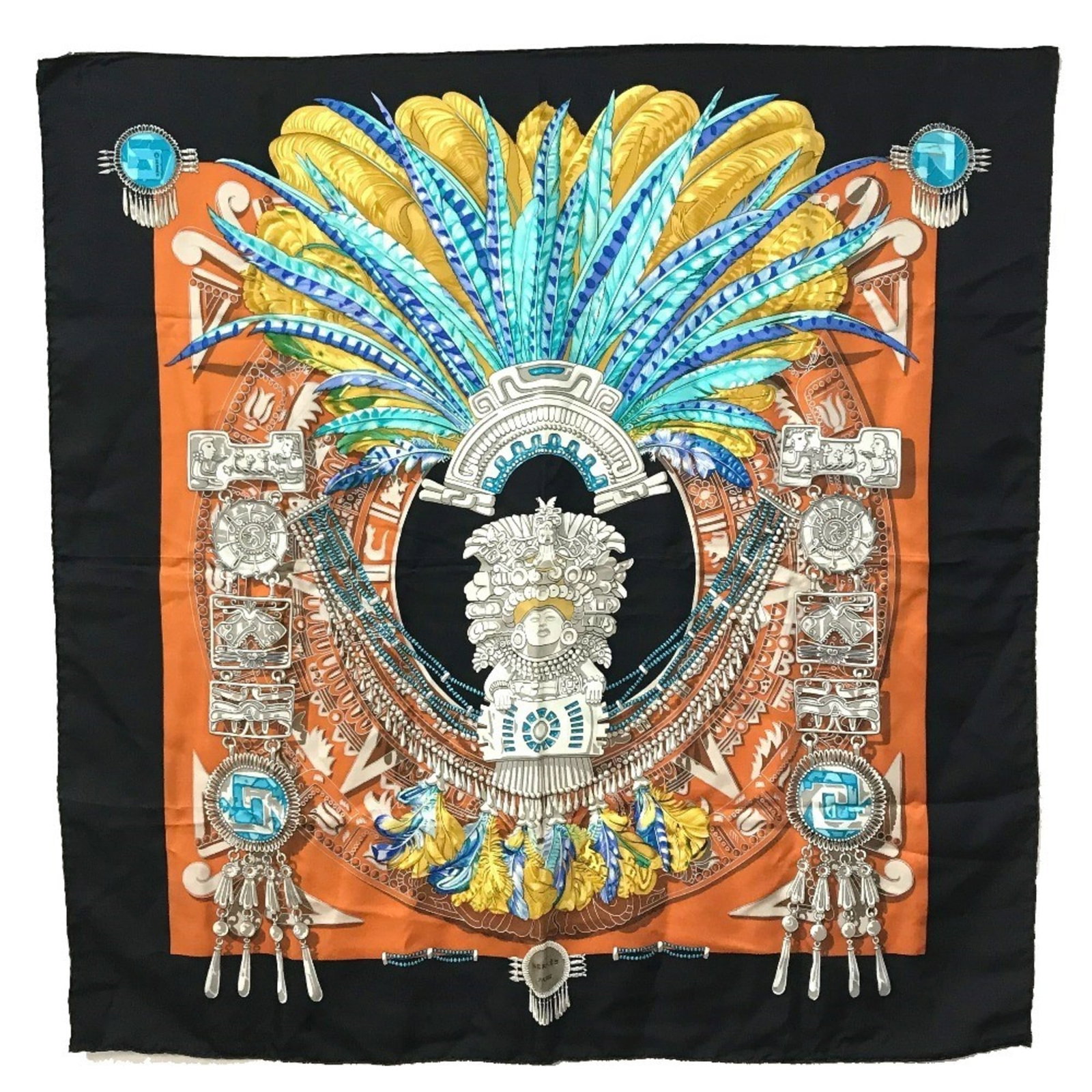 Hermes Silk Scarf: Hermes Silk Scarf Silk Scarf from Hermes, featuring a classic black and multi-color design. Made from high-quality silk, this scarf measures 90cm x 90cm in size. A timeless accessory for those who app