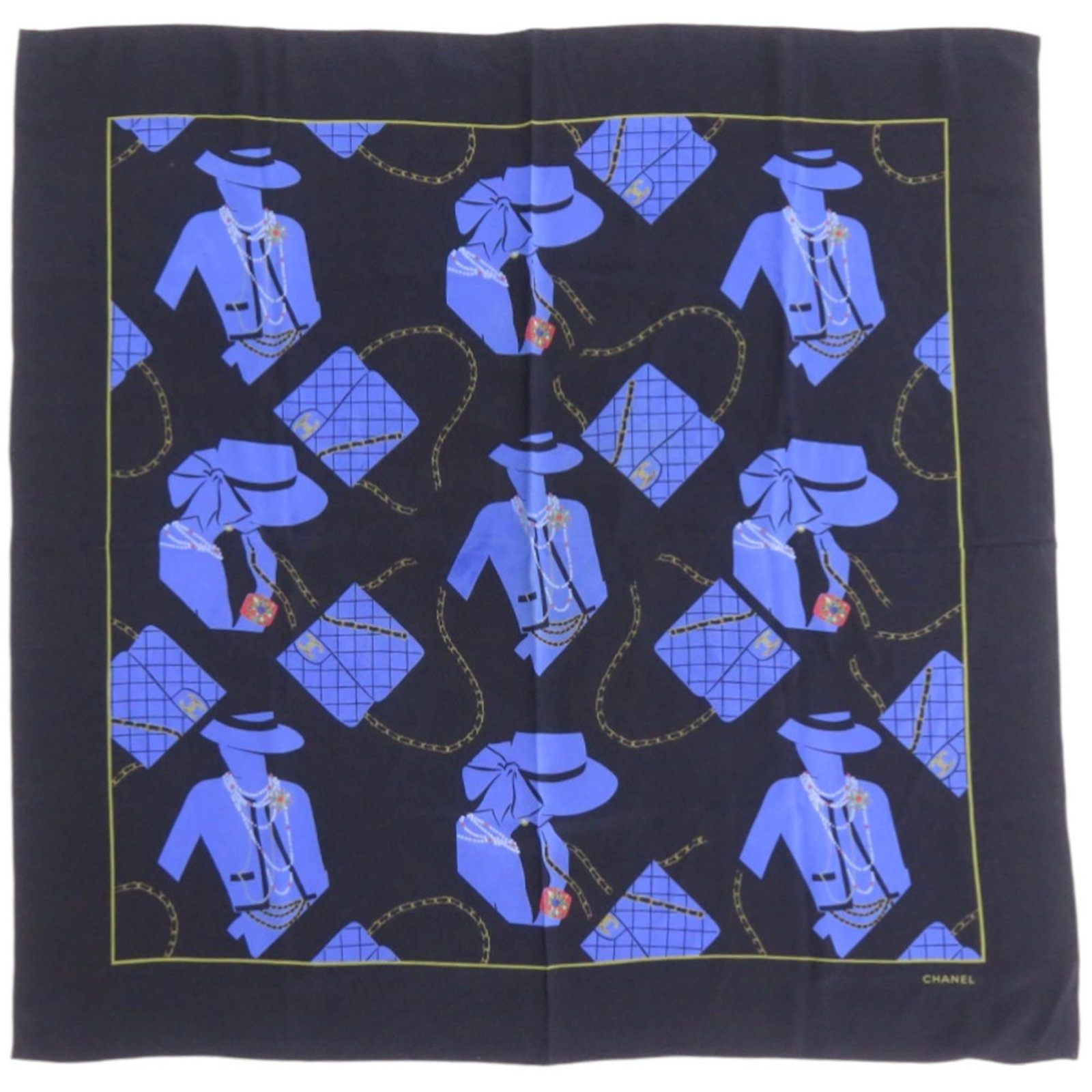 Chanel Silk Scarf: Chanel Silk Scarf Silk in black, blue hues adorns this Chanel scarf, crafted from the finest Italian materials. A timeless accessory for women, its elegant design makes it a versatile addition to any 