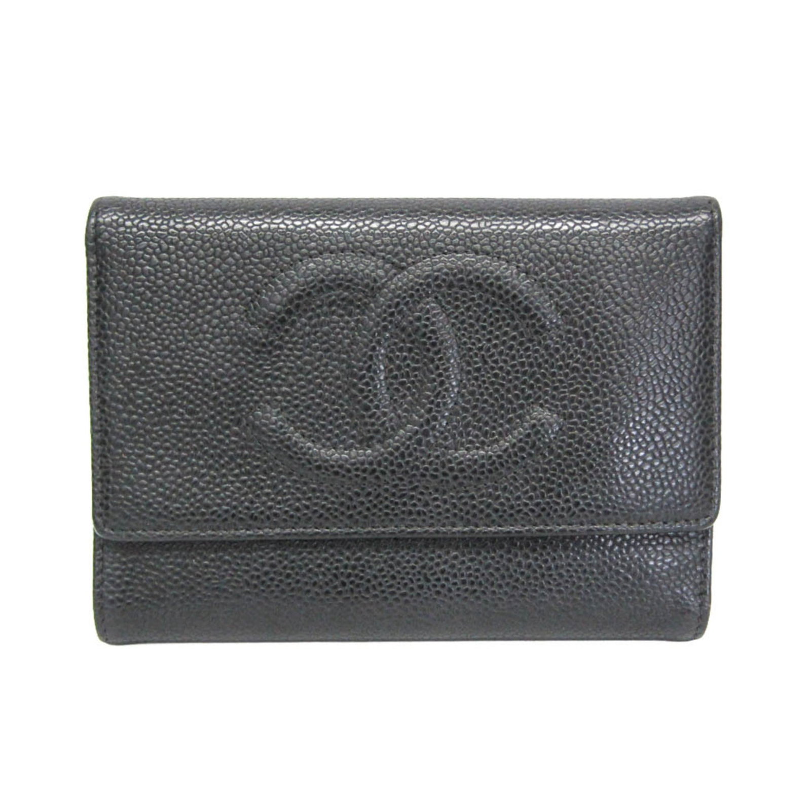 Chanel Wallet (Tri-Fold) Leather: Chanel Wallet (Tri-Fold) Leather The Chanel Wallet (Tri-Fold) Leather features a sleek design with a black grained calfskin exterior and snap fastener closure. This tri-fold wallet includes bill