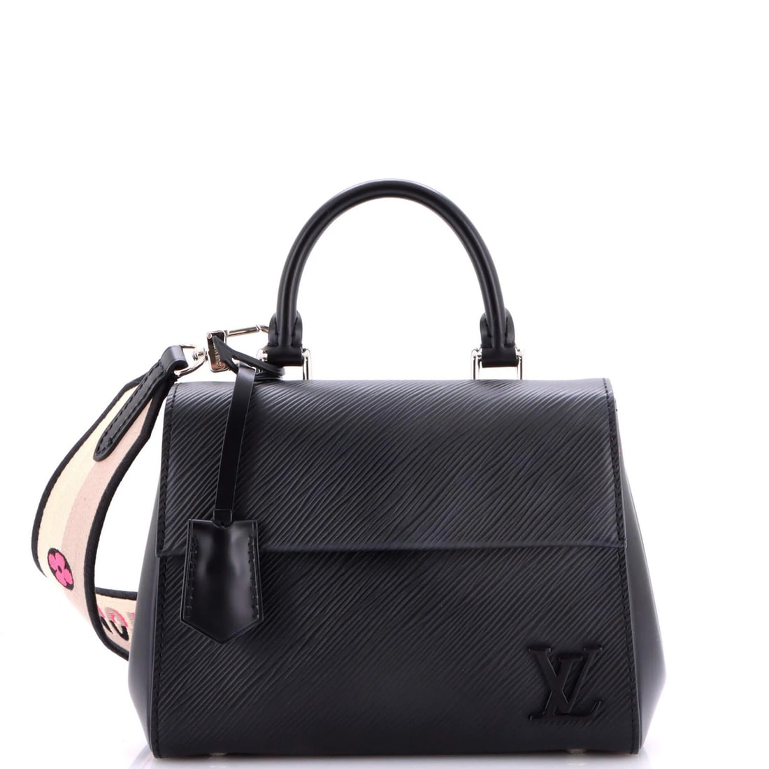 Mini Epi Leather Bag Top Handle Louis Vuitton Cluny: Mini Epi Leather Bag Top Handle Louis Vuitton Cluny Black Epi Leather Mini Louis Vuitton Cluny Top Handle Bag with Clochette and Strap, featuring minor scuffs, creases, and corner wear. This stylish