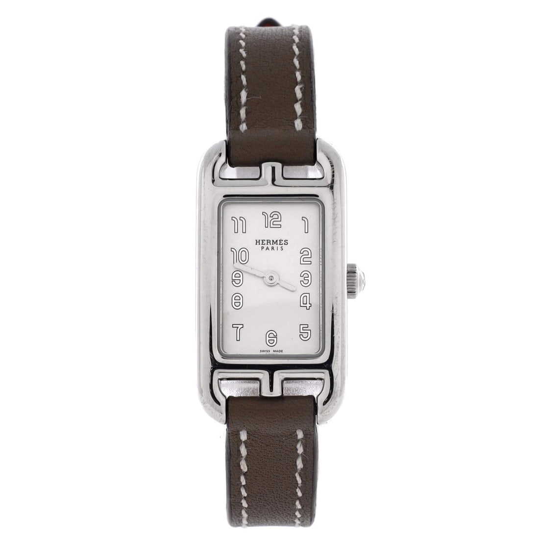 Hermes Nantucket Quartz Watch Stainless Steel and Leather 17: Hermes Nantucket Quartz Watch Stainless Steel and Leather 17 Stainless steel and leather band, gray in color, adds a touch of sophistication to the Nantucket Quartz Watch. This versatile timepiece