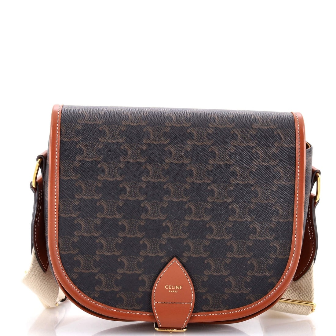 Triomphe Coated Celine Bag Folco Large: Triomphe Coated Celine Bag Folco Large The Triomphe Coated Celine Bag Folco Large boasts a rich, brown canvas exterior with subtle scuffs and minor creases. With its classic cross-body design and