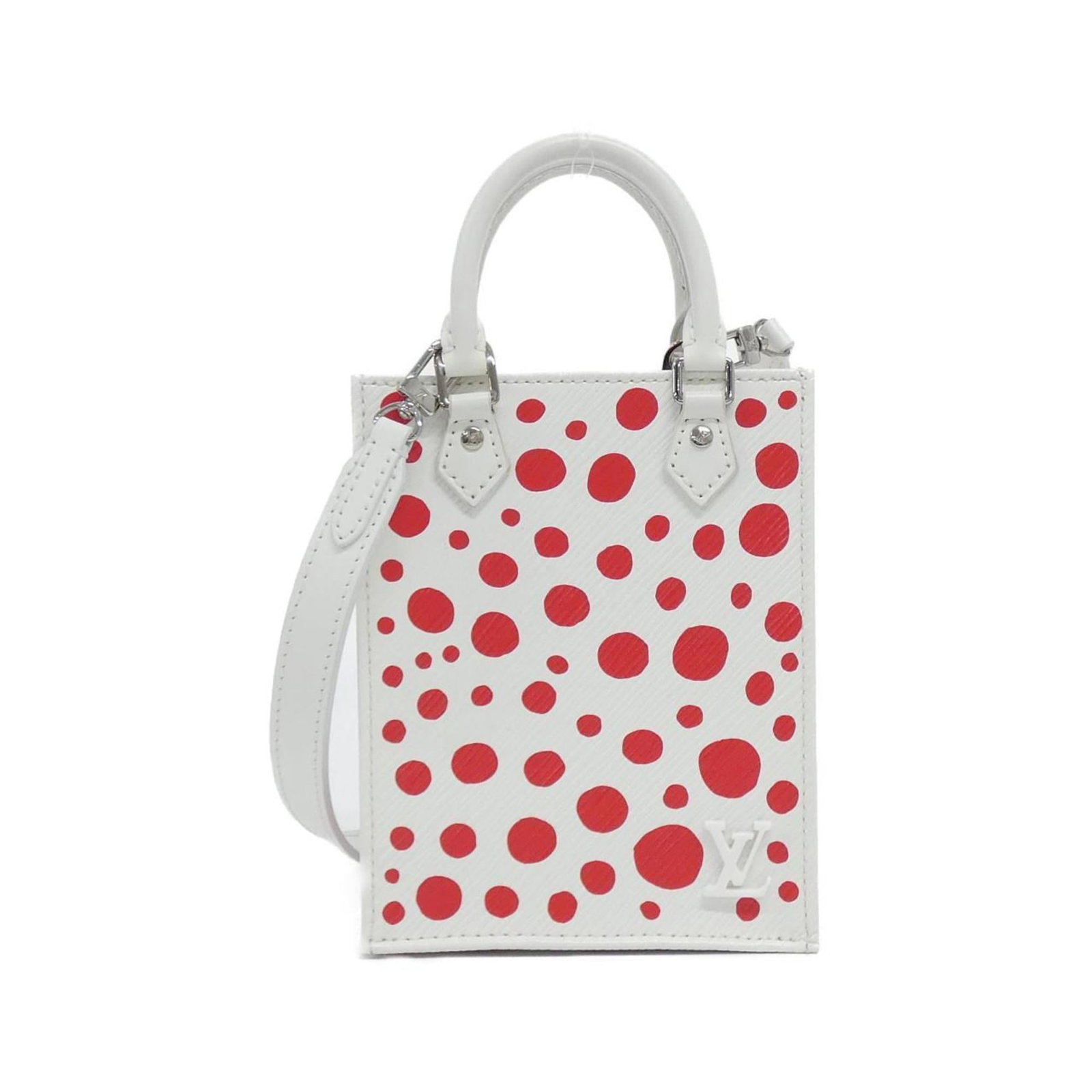 Louis Vuitton Handbag Leather: Louis Vuitton Handbag Leather Calf leather Louis Vuitton handbag with sleek design, available in two classic colors: Blanc and Rouge. Measuring 17cm x 14cm x 5cm, it features a silver hardware finish 