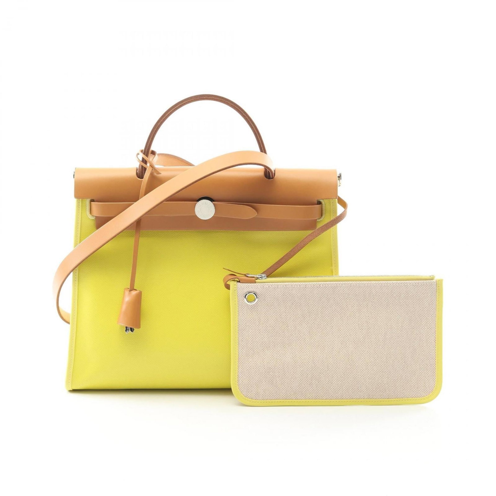 Hermes Leather Toile Handbag Pouch: Hermes Leather Toile Handbag Pouch This exquisite Hermes Leather Toile Handbag Pouch features rich, high-quality leather in natural hues and striking yellow accents. The classic design boasts a timele
