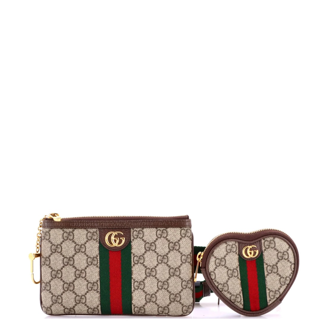 Gucci Ophidia Heart Utility Double Belt Bag GG Coated Canvas: Gucci Ophidia Heart Utility Double Belt Bag GG Coated Canvas The Gucci Ophidia Heart Utility Double Belt Bag GG Coated Canvas boasts a striking brown exterior with minor creases and corner wear, showc
