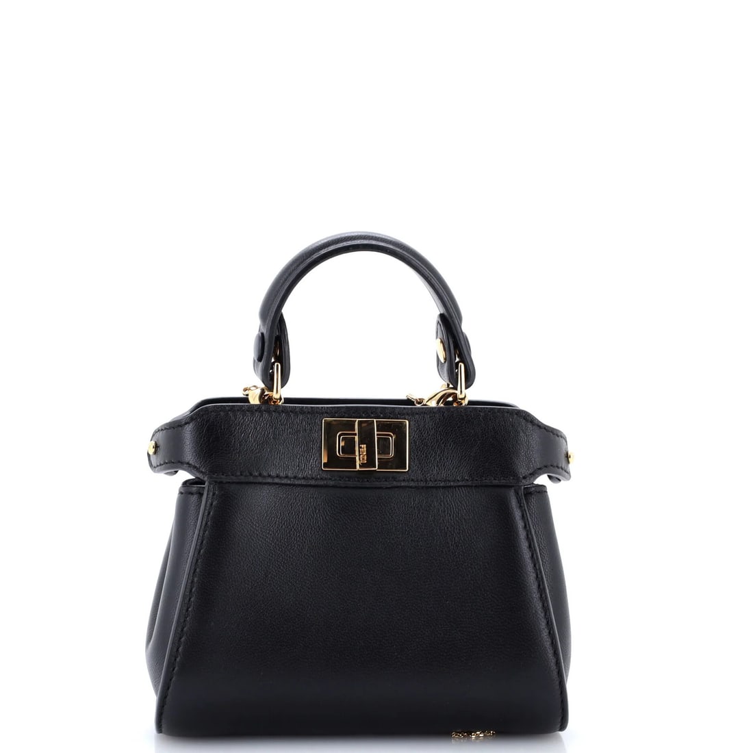 Nano leather peekaboo bag by fendi: Nano leather peekaboo bag by fendi The Fendi Nano leather Peekaboo bag boasts sleek, sophisticated design with its black leather exterior and gold hardware. Measuring just 4.5" in height, this compact