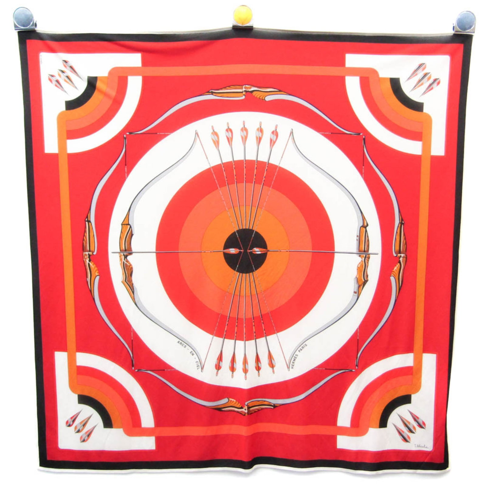 Silk Hermes Scarf 100%: Silk Hermes Scarf 100% Silk Hermes Scarf in vibrant orange and red hues, featuring a unique Carre ARCS EN CIEL design. Made from high-quality silk, this square scarf measures 1.05m x 1.05m and weighs