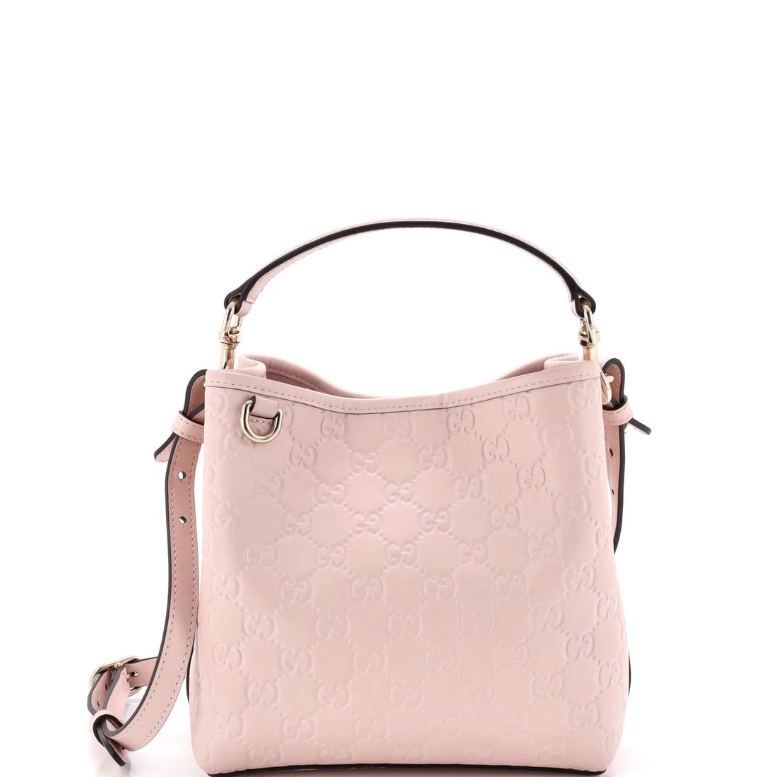 Gucci GG Emblem Bucket Bag GG Embossed Leather Small: Gucci GG Emblem Bucket Bag GG Embossed Leather Small Small Gucci GG Emblem Bucket Bag in Pink Embossed Leather. This iconic bag features the signature GG logo and pink embossed leather exterior, with 