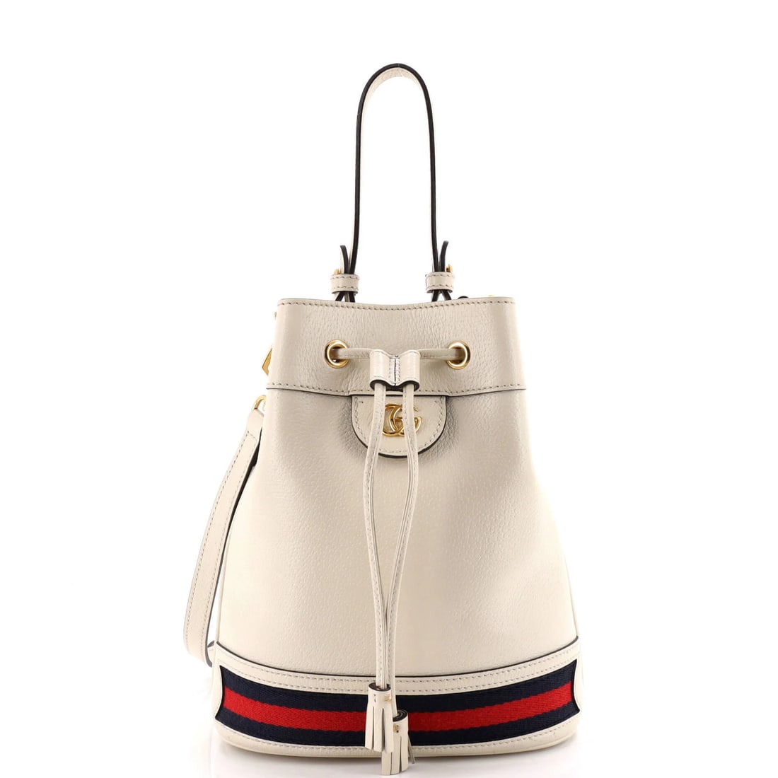 Small Leather Bag By Ophidia Gucci: Small Leather Bag By Ophidia Gucci Small Leather Bag by Ophidia Gucci. This small leather bucket bag features white exterior and neutral interior, with gold hardware and microfiber lining. With its cl