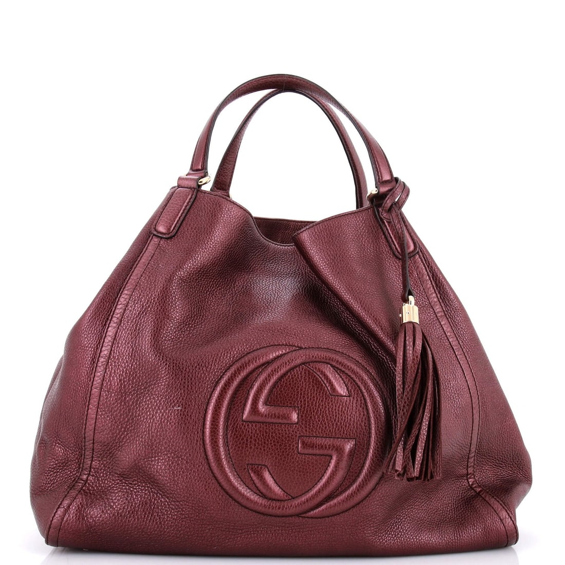 Shoulder Bag Soho Leather Gucci Large: Shoulder Bag Soho Leather Gucci Large Burgundy leather exterior, gold tone hardware, and neutral interior make this Gucci Soho Shoulder Bag a stylish accessory. Measuring 15" tall and 16.5" wide, it