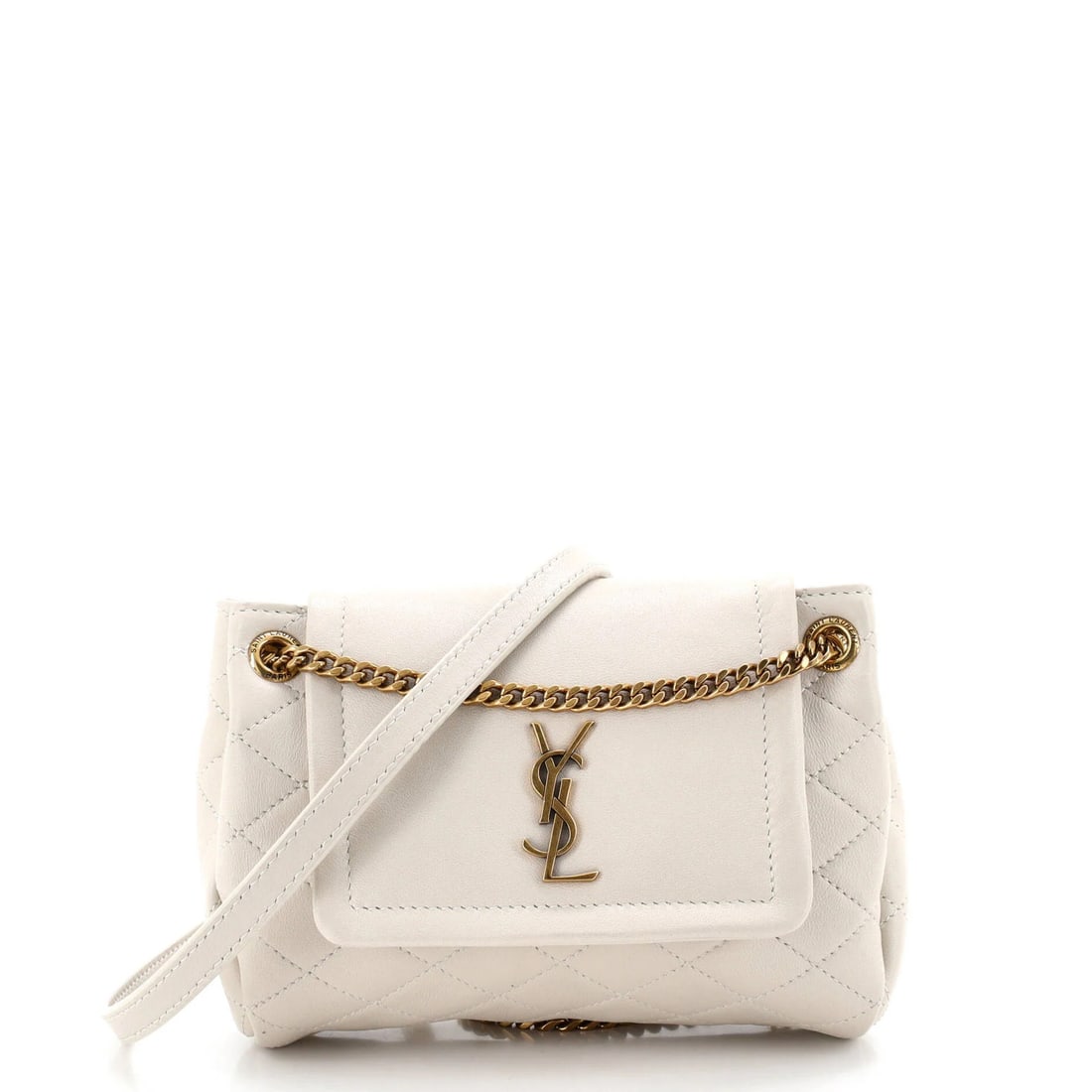 Saint Laurent Mini Quilted Leather Satchel Nolita: Saint Laurent Mini Quilted Leather Satchel Nolita Neutral-colored quilted leather mini satchel with cross body design, featuring aged gold hardware. This Saint Laurent Nolita Mini Quilted Leather
