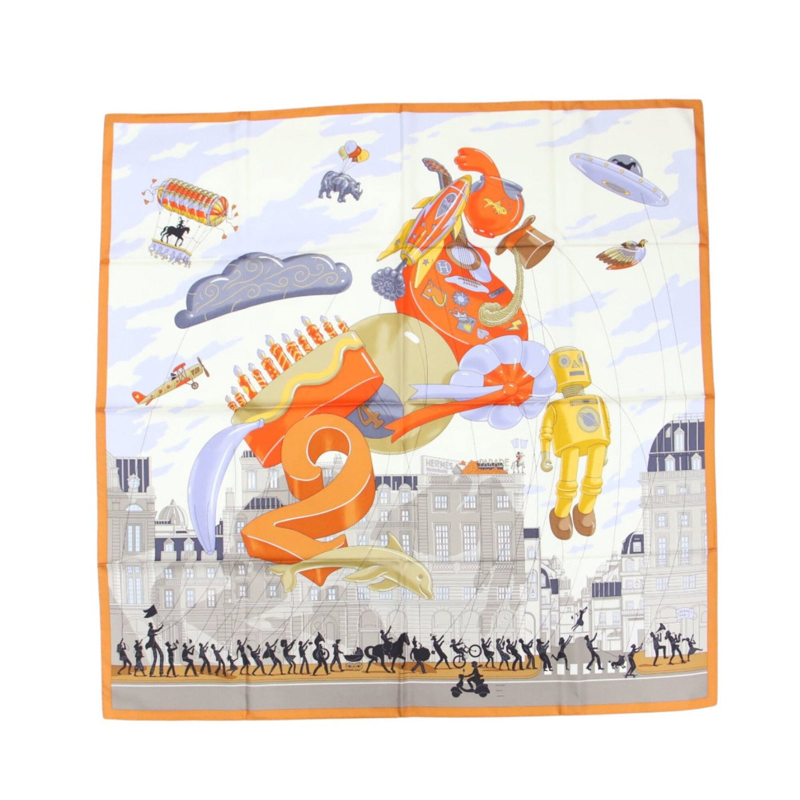 Silk Hermes Scarf 100%: Silk Hermes Scarf 100% Silk from France, this Hermes scarf boasts a timeless gray, orange, and white color palette. Made from 100% silk, its elegant design measures 88.5cm x 88.5cm in size. A