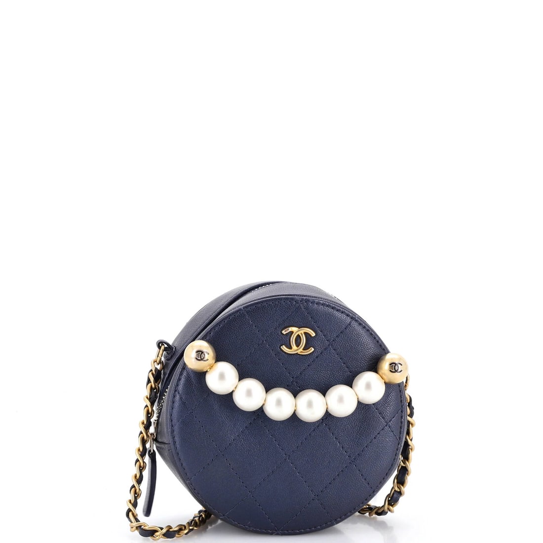 Chanel Chic Pearls Round Clutch with Chain Quilted Lambskin: Chanel Chic Pearls Round Clutch with Chain Quilted Lambskin Chanel's iconic Chic Pearls Round Clutch boasts a sleek, quilted design in rich blue leather. The chain strap adds a touch of