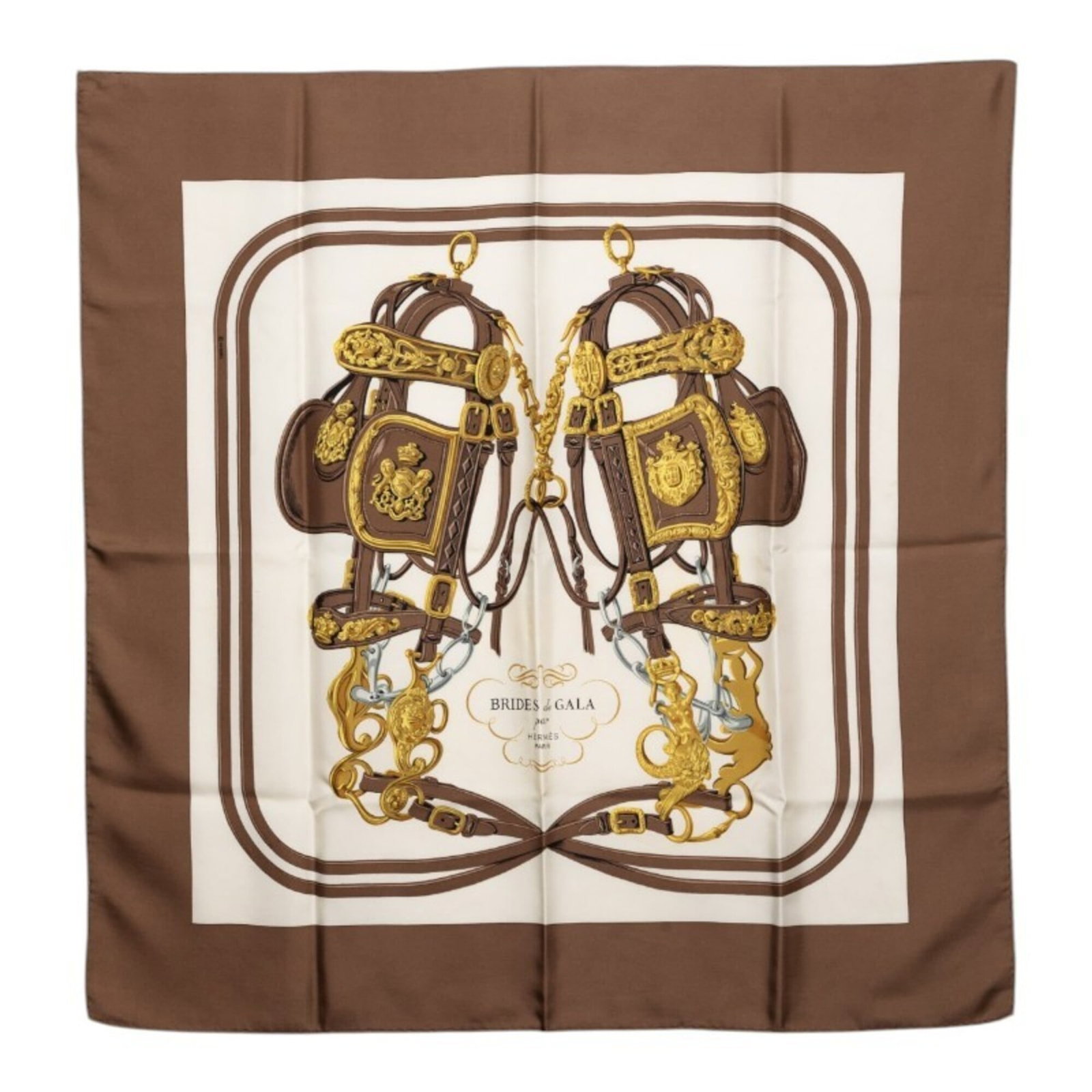 Hermes Silk Scarf: Hermes Silk Scarf Silk from the renowned French fashion house, Hermes, adorns this elegant scarf in rich brown and vibrant yellow hues. Measuring 87cm x 88cm, its luxurious silk material exudes