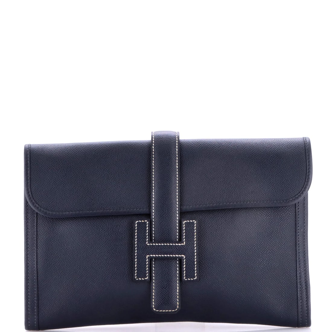 Hermes Jige Clutch Epsom PM: Hermes Jige Clutch Epsom PM Blue Hermes Jige Clutch Epsom PM with minor scuffs and creases, featuring canvas interior in neutral tone. This classic clutch measures 8" height x 11" width x 1" depth,