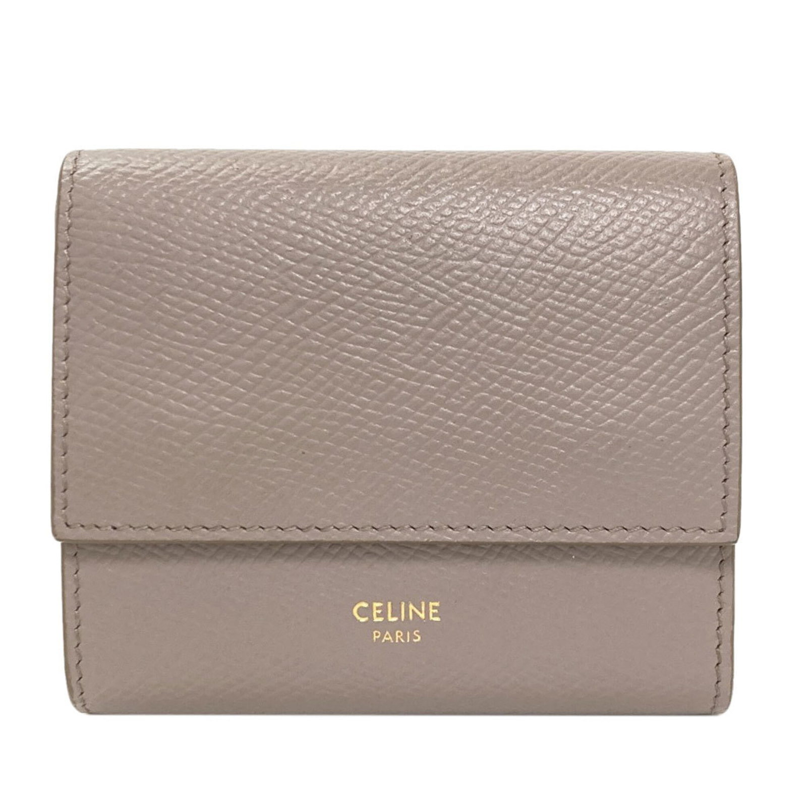 Celine Wallet (Tri-Fold) Leather: Celine Wallet (Tri-Fold) Leather Tri-fold leather wallet from Celine, crafted with high-quality calfskin in a versatile grayish hue. This sleek and compact design measures just 9cm x 10cm x 3cm,