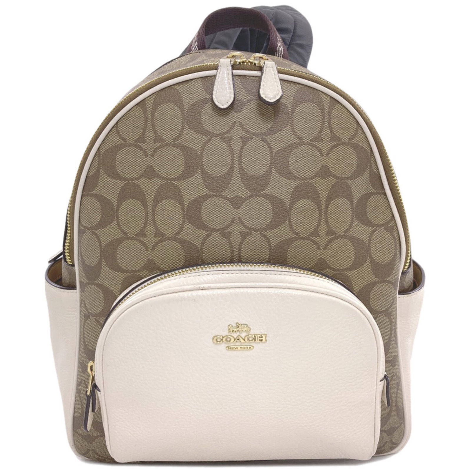 Women's pvc daypack coach signature backpack 5671: Women's pvc daypack coach signature backpack 5671 Women's Coach Signature Backpack in Brown and White PVC. This compact daypack features a sturdy PVC material, measuring 31cm x 26cm x 10cm, making it