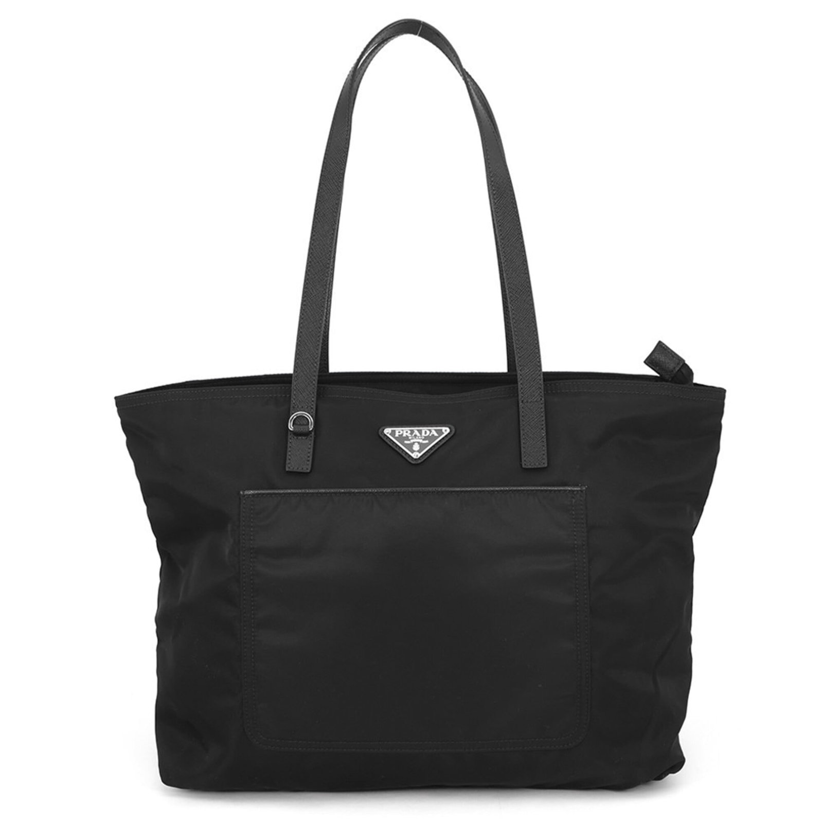 Nylon Leather Shopping Handbag Tote Bag Prada: Nylon Leather Shopping Handbag Tote Bag Prada Saffiano leather and nylon combine in this sleek, black shopping tote bag from Prada. Measuring 28cm x 43cm x 16cm, it features silver hardware for a