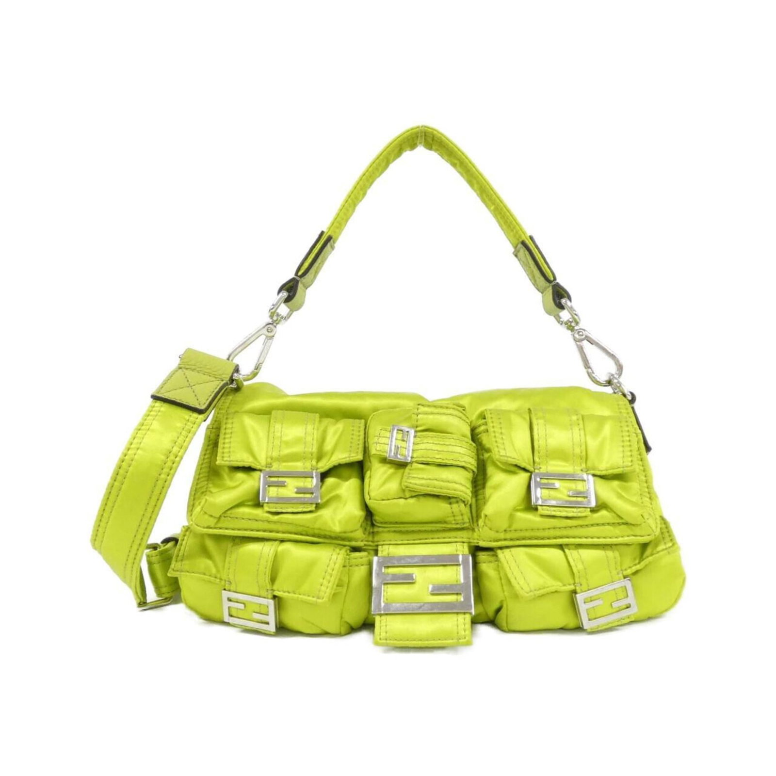 Shoulder Bag Nylon Fendi: Shoulder Bag Nylon Fendi Nylon Fendi Shoulder Bag in Green. This green shoulder bag features nylon material and silver hardware, measuring 16cm x 27cm x 6cm. The bag bears a signature from the brand F