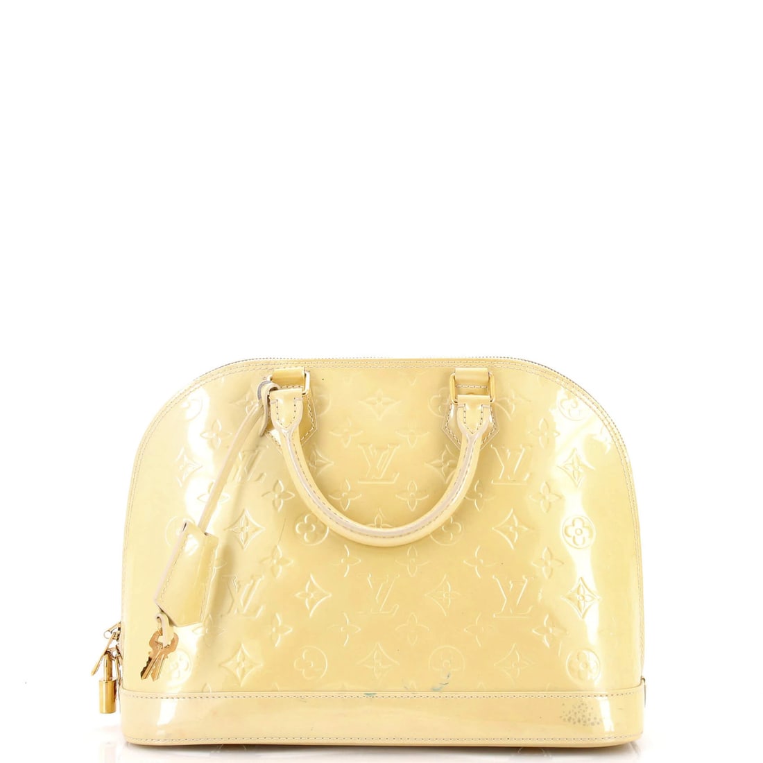 Vernis Monogram Alma Handbag Louis Vuitton: Vernis Monogram Alma Handbag Louis Vuitton Yellow Vernis Monogram Alma Handbag with Patent Leather Exterior, featuring a top handle and gold hardware. This Louis Vuitton PM handbag measures 9" tall, 1