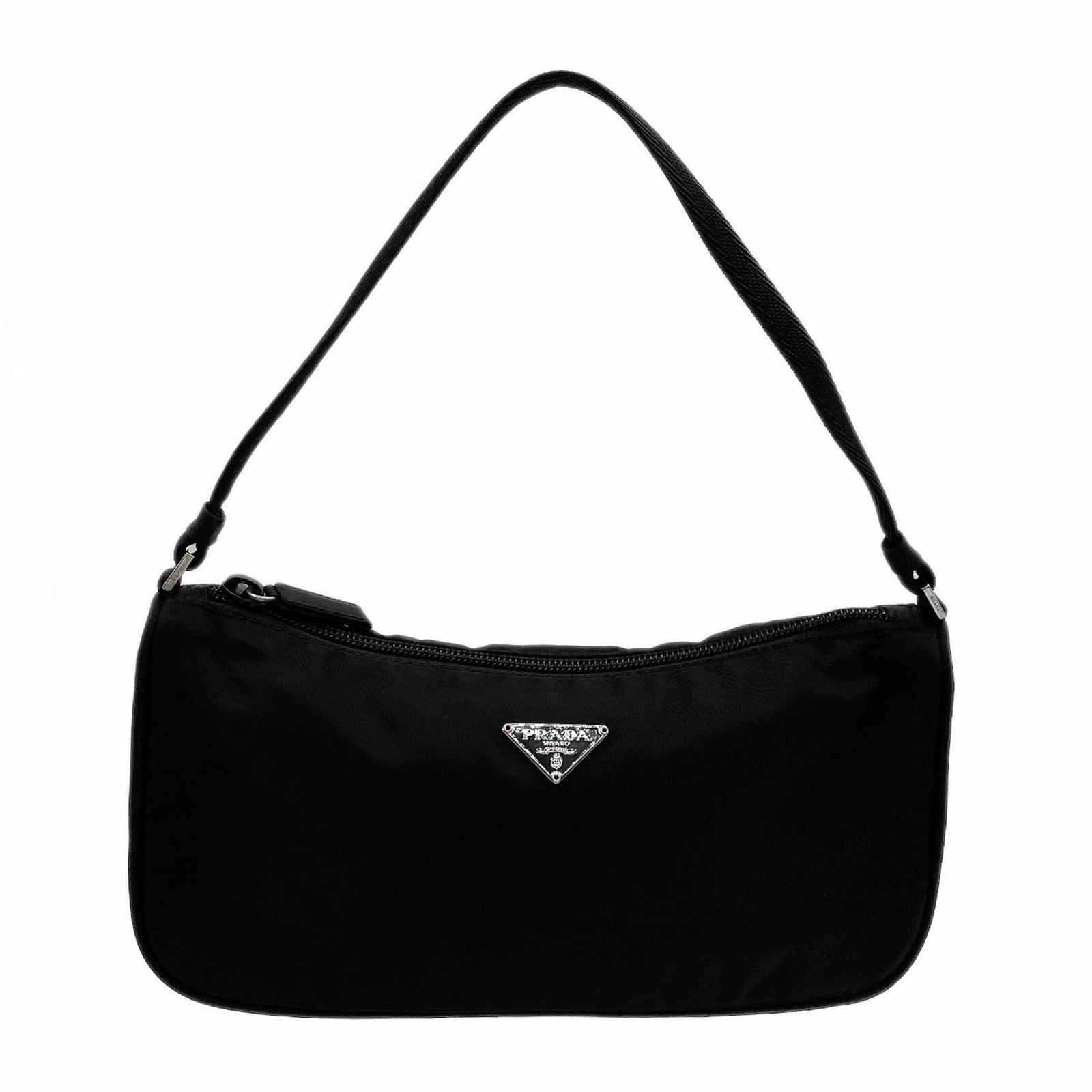 Nylon Leather Handbag Prada: Nylon Leather Handbag Prada Nylon and leather come together in this sleek, black Prada handbag. Measuring 12cm x 24cm x 6.5cm, it offers a compact size perfect for daily use. Its unique blend of