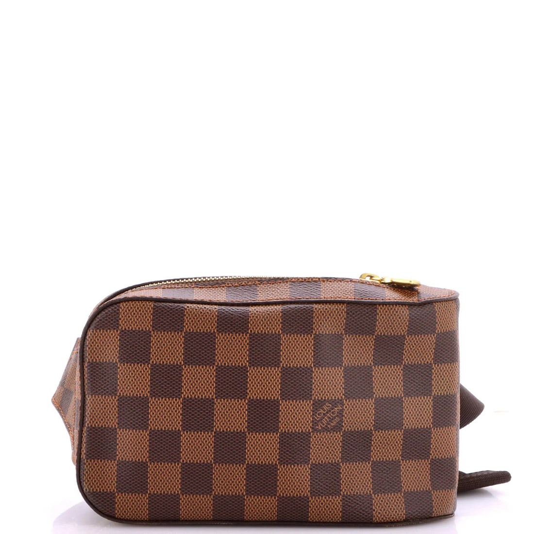 Damier waist bag by Louis Vuitton: Damier waist bag by Louis Vuitton Brown Damier canvas coated belt bag with gold hardware, featuring a classic Geronimo waist design. Measuring approximately 5" tall and 8" wide, the bag boasts a