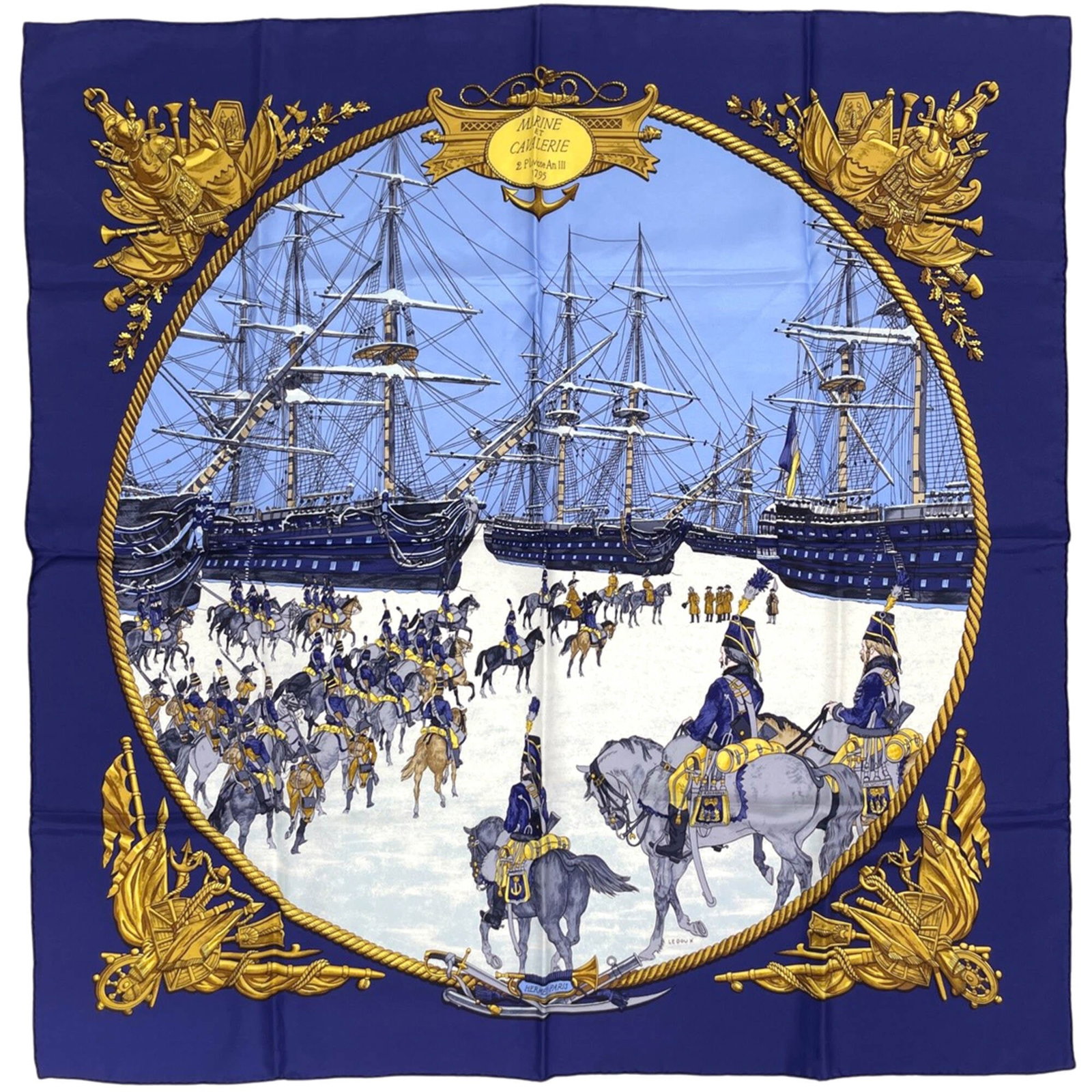 Hermes Silk Scarf: Hermes Silk Scarf Silk scarf from renowned luxury brand Hermes, featuring a multi-color and navy design. Made from high-quality silk with dimensions of 88cm x 89cm, this scarf is a stylish addition