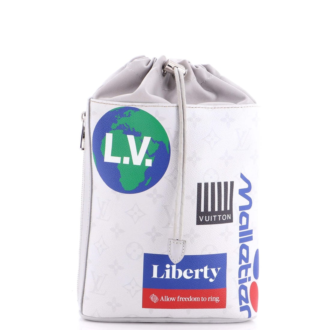 Canvas monogram story limited edition logo chalk sling bag: Canvas monogram story limited edition logo chalk sling bag Gray canvas exterior with limited edition logo story monogram, featuring discoloration and minor scuffs. The chalk sling bag measures 12"