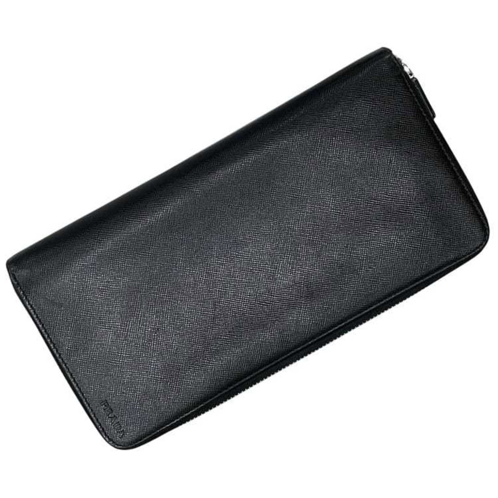 Prada Long Wallet (Bi-Fold) Saffiano Triangle: Prada Long Wallet (Bi-Fold) Saffiano Triangle Saffiano triangle leather provides durability and sophistication to this bi-fold long wallet from Prada, available in black. Measuring 12cm x 23cm x 2cm, 
