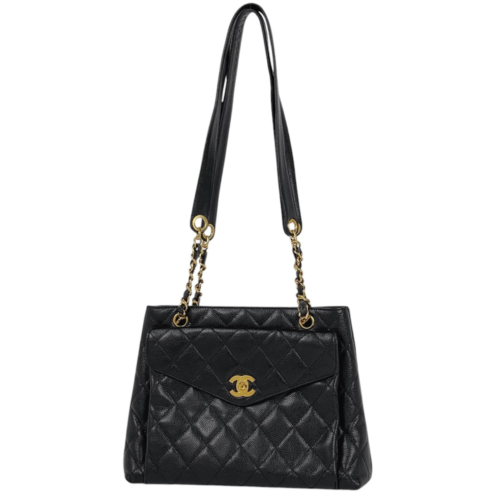 Calfskin bag tote by Chanel: Calfskin bag tote by Chanel Grained Calfskin Black Tote Bag by Chanel. This luxurious tote bag features high-quality Grained Calfskin material and a sleek black color, measuring 23cm x 31cm x 10cm in