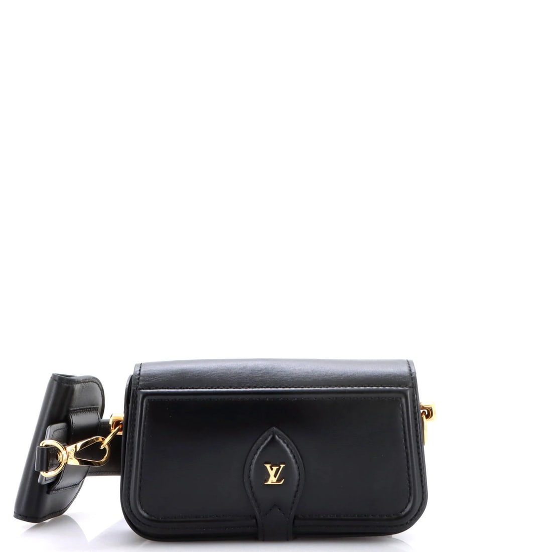 Louis Vuitton Officier Pouch Leather: Louis Vuitton Officier Pouch Leather Black Louis Vuitton Officier Pouch Leather cross body bag with gold hardware, featuring minor creases and scuffs on the exterior and interior. The bag measures app
