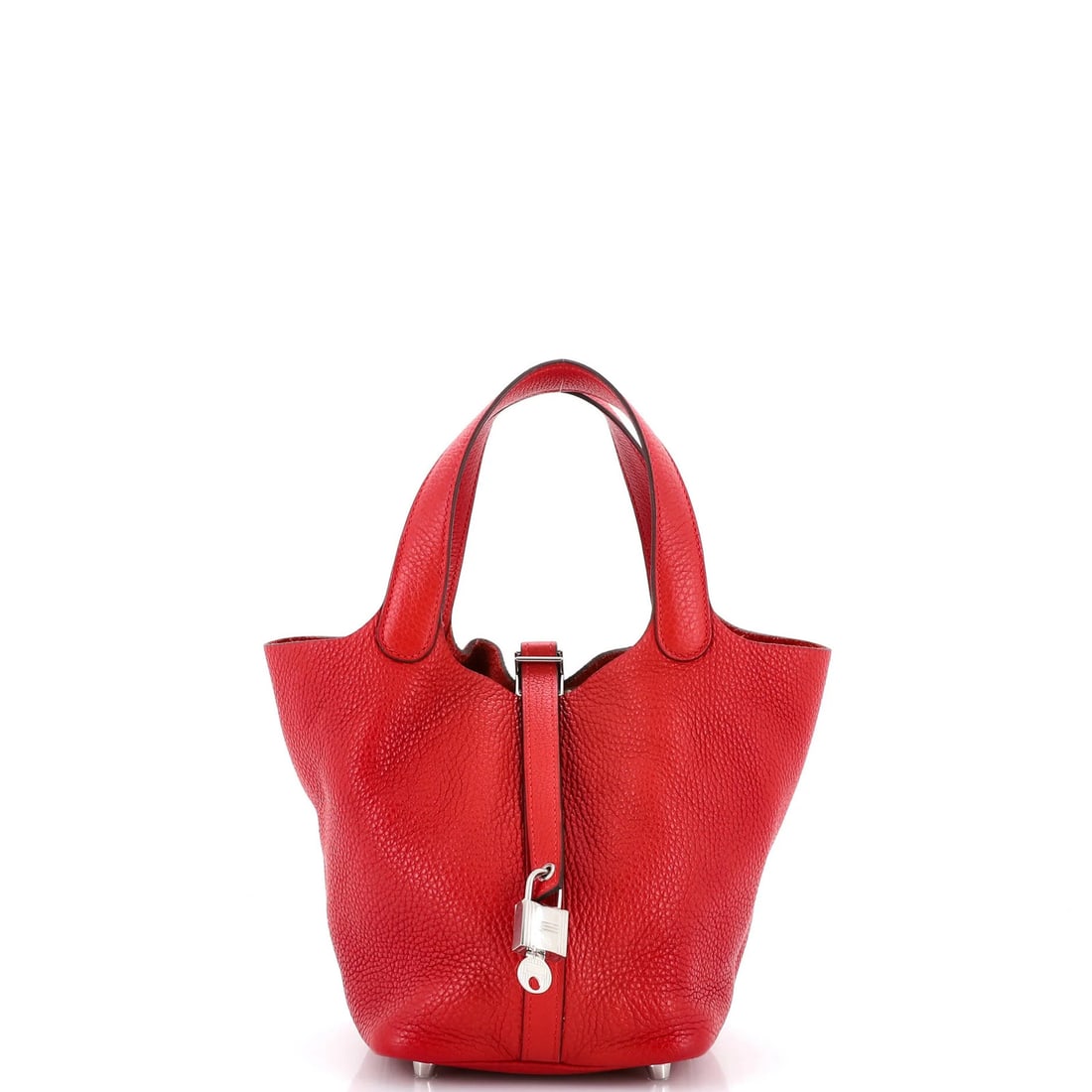 Hermes Picotin Lock Bag Clemence PM: Hermes Picotin Lock Bag Clemence PM The Hermes Picotin Lock Bag Clemence PM boasts a striking red exterior, complemented by raw leather interior and palladium hardware. With its classic bucket style a
