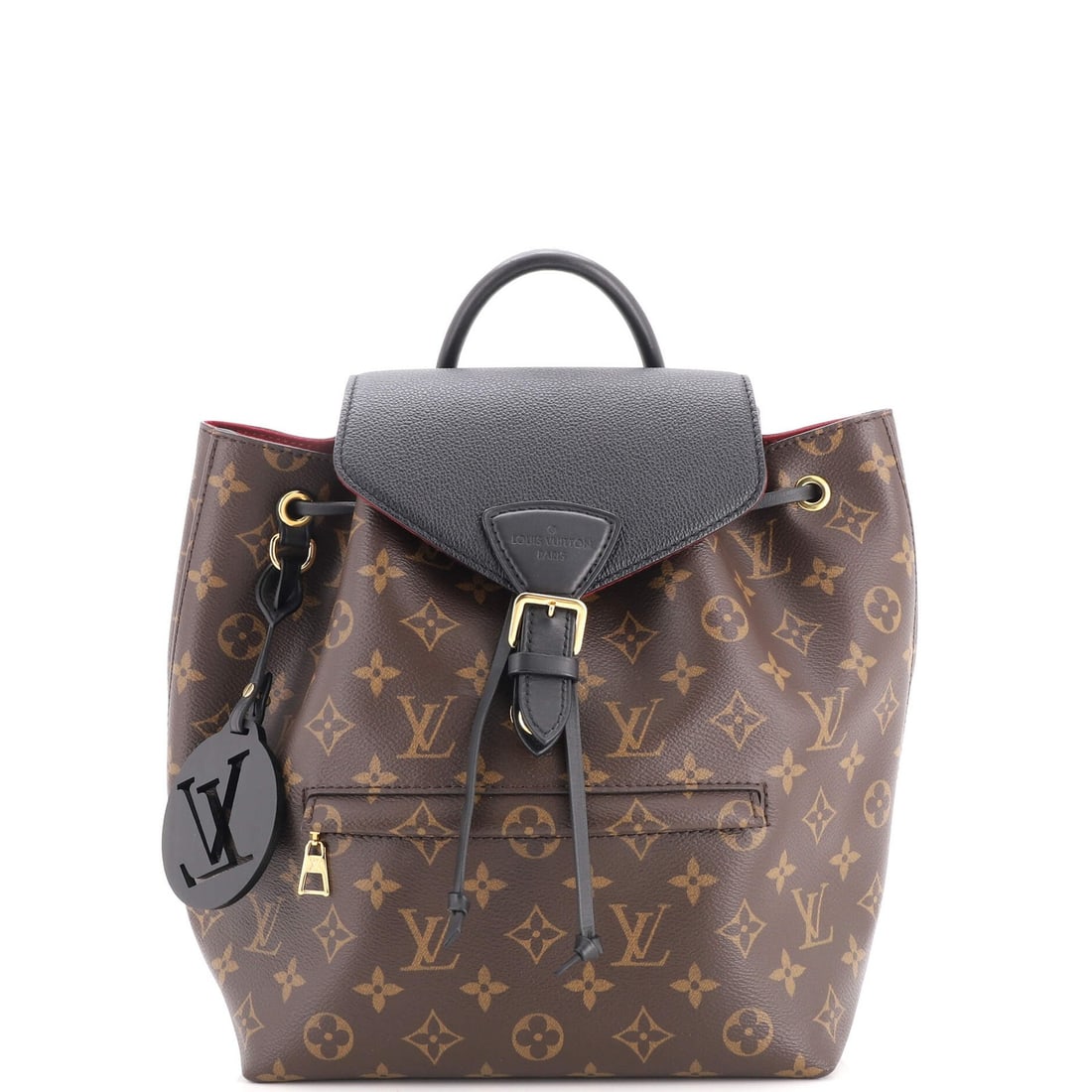 Canvas leather monogram backpack NM with Louis Vuitton: Canvas leather monogram backpack NM with Louis Vuitton Canvas leather monogram backpack with black exterior and red interior, featuring gold hardware. This Louis Vuitton Montsouris NM Backpack has a c