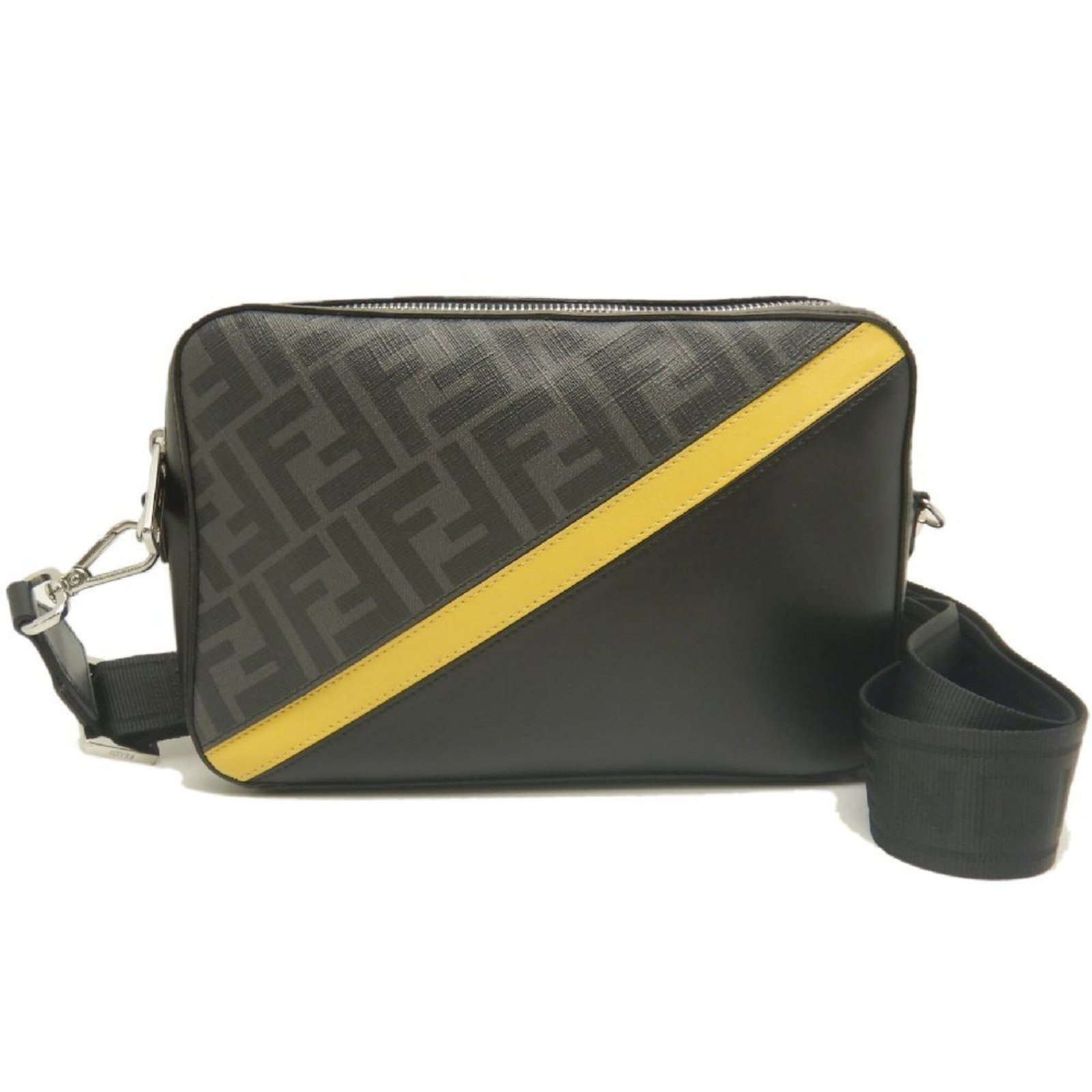 Shoulder Bag Canvas Coated By: Shoulder Bag Canvas Coated By Coated canvas material provides durability and style to this Fendi shoulder bag, featuring black and yellow color combination. The silver hardware adds a touch of