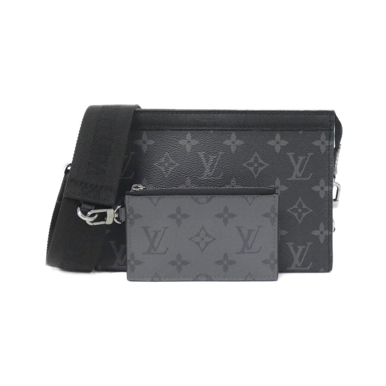 Shoulder bag coated canvas by Louis Vuitton: Shoulder bag coated canvas by Louis Vuitton Coated canvas by Louis Vuitton, featuring a sleek black and gris color combination with silver hardware. This shoulder bag boasts a compact size with a