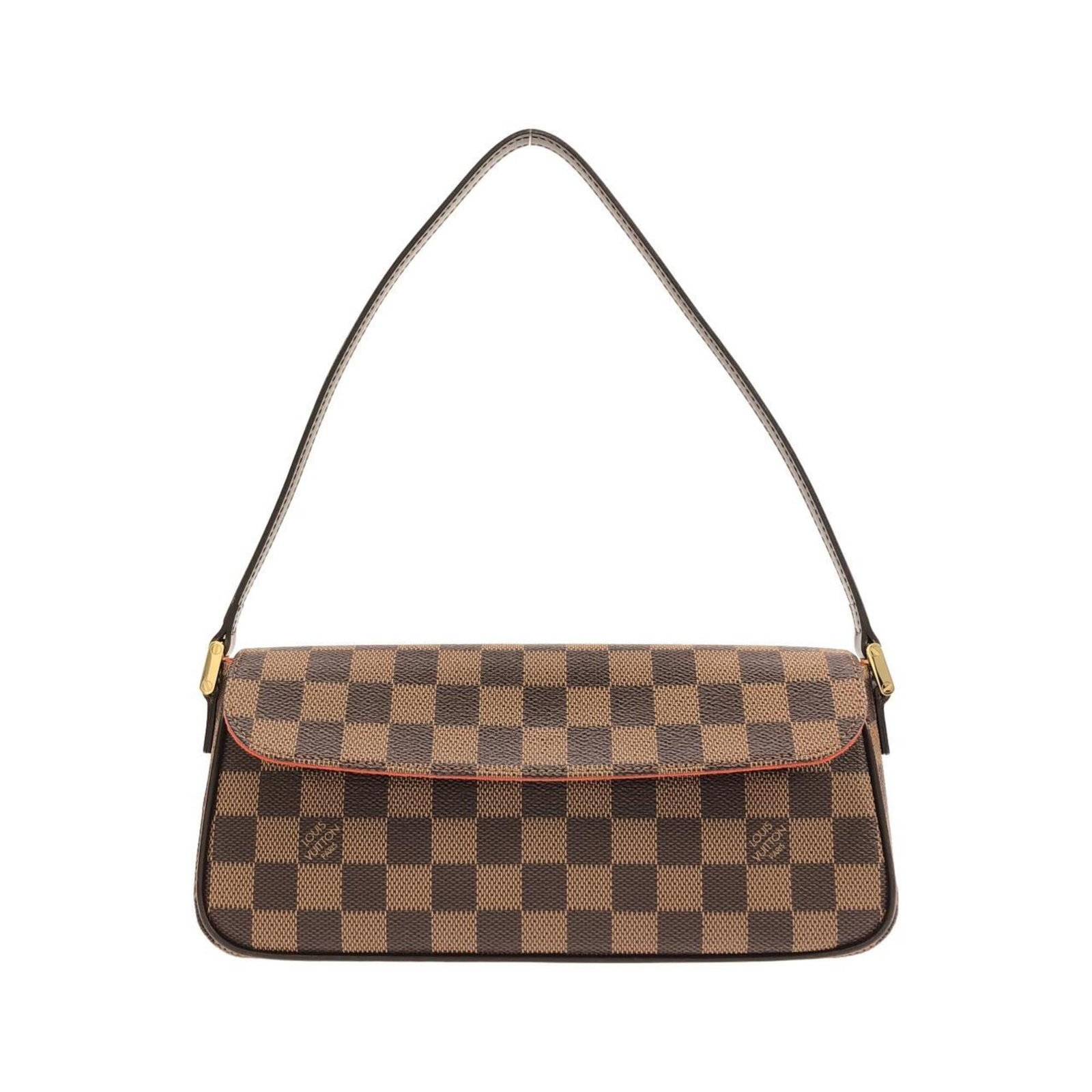Shoulder bag coated canvas by Louis Vuitton: Shoulder bag coated canvas by Louis Vuitton Coated canvas by Louis Vuitton, featuring Ebene color and gold hardware. This shoulder bag measures 12cm x 25.5cm x 7cm, making it a compact and stylish