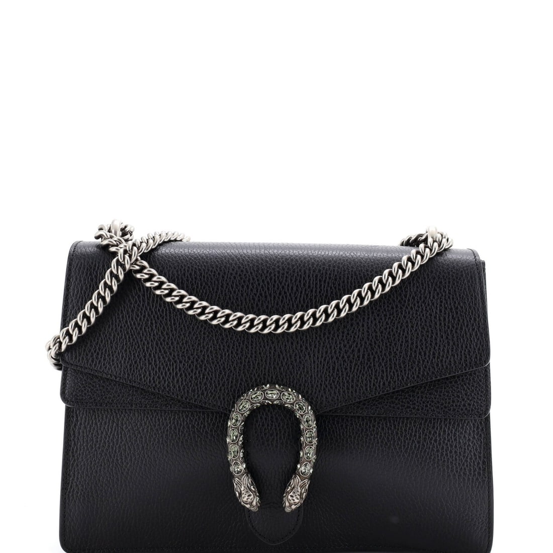 Medium leather bag from Gucci Dionysus: Medium leather bag from Gucci Dionysus Black leather Dionysus bag from Gucci, featuring medium size and silver hardware. The exterior shows signs of wear with scuffs, edge wear, minor creases, and min