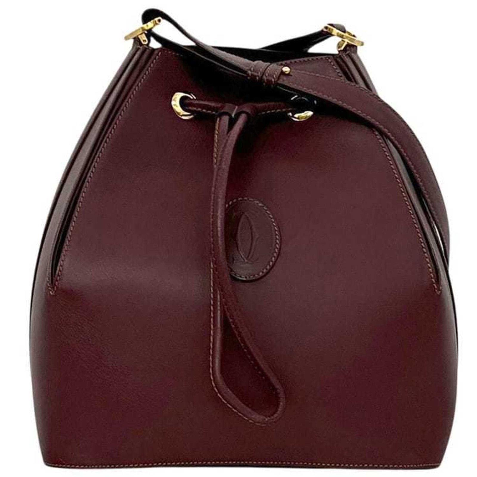 Shoulder Bag Leather by Cartier: Shoulder Bag Leather by Cartier Cartier's Bordeaux leather shoulder bag boasts understated elegance with its rich, dark color and classic design. Measuring 28cm x 25cm x 18cm, it provides a spacious