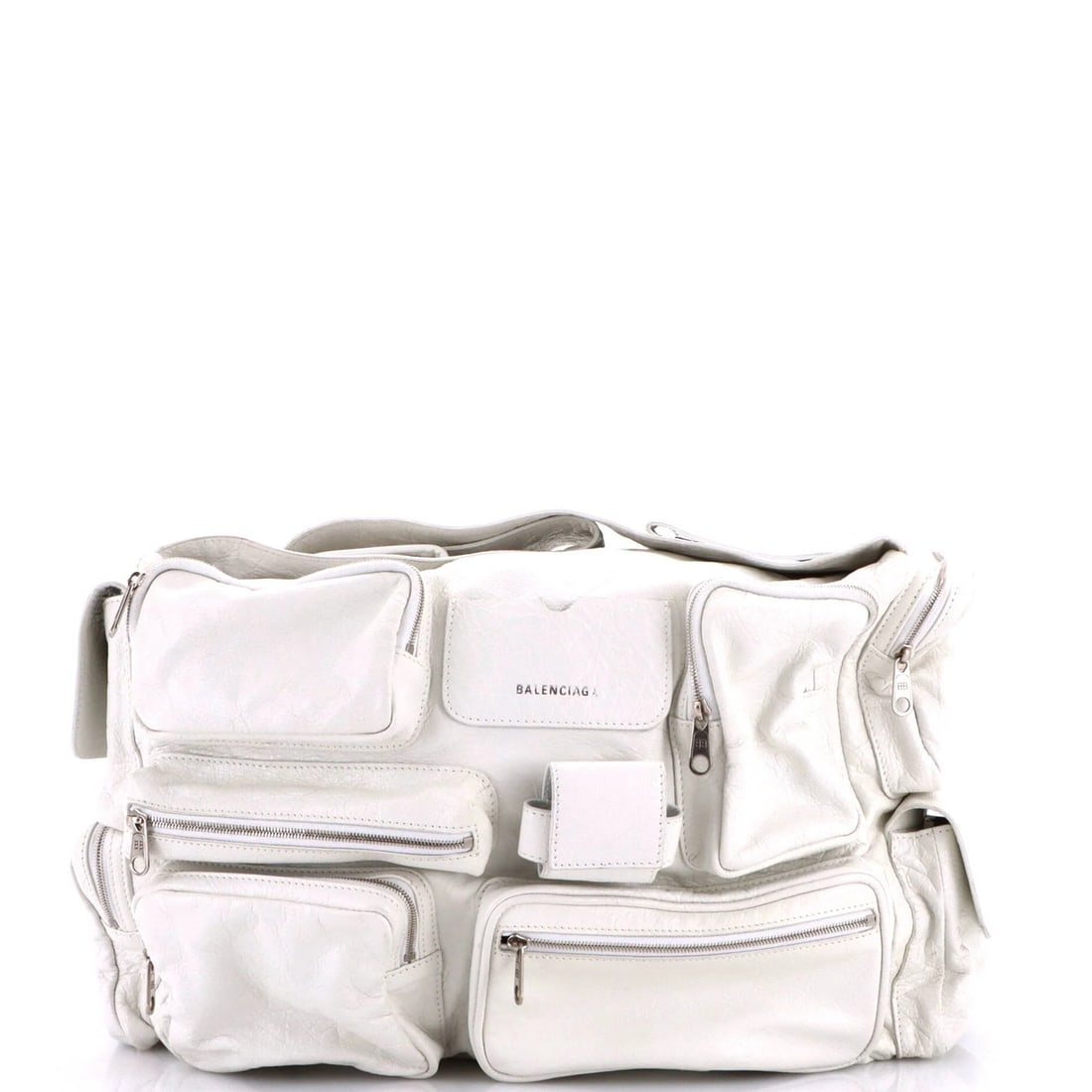 Superbusy Sling Bag Leather Large Balenciaga: Superbusy Sling Bag Leather Large Balenciaga Large Balenciaga Superbusy Sling Bag in White Leather, featuring a spacious interior and silver hardware. Measuring 11" tall, 16" wide, and 7.5" deep,