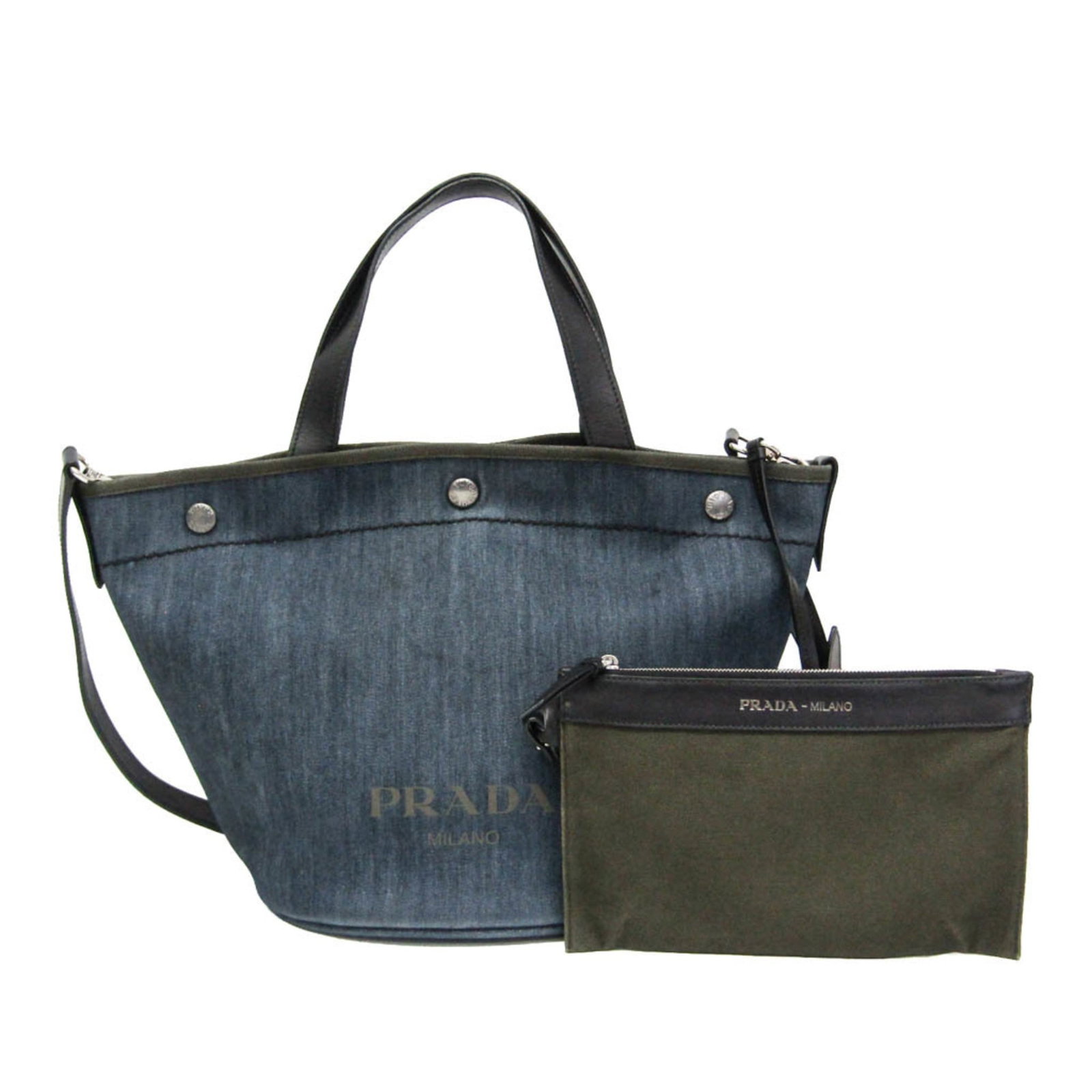 Denim Leather Prada Bag Tote Shoulder: Denim Leather Prada Bag Tote Shoulder Denim Leather Prada Bag Tote Shoulder in Navy. This navy tote shoulder bag features a unique denim leather combination and adjustable strap for a customizable