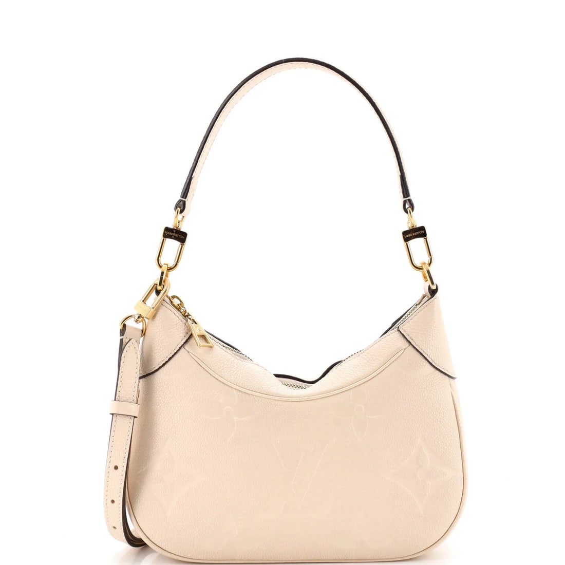 Handbag Monogram Louis Vuitton Empreinte Giant NM Bagatelle: Handbag Monogram Louis Vuitton Empreinte Giant NM Bagatelle Darkening on the zipper tape and heavy creases characterize this Louis Vuitton Empreinte Giant Bagatelle NM, a neutral-toned shoulder bag wi