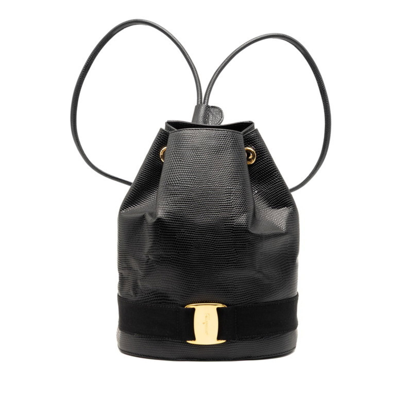 Salvatore Ferragamo PVC Leather Backpack: Salvatore Ferragamo PVC Leather Backpack Salvatore Ferragamo PVC Leather Backpack in Black. This sleek backpack combines durable PVC leather with stylish design, measuring 23cm x 18cm x 11cm. The sign