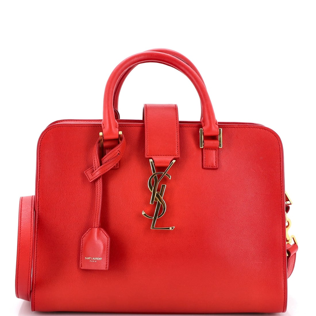 Saint Laurent Cabas Leather Baby: Saint Laurent Cabas Leather Baby The Saint Laurent Cabas Leather Baby in red exterior and suede interior is a stylish satchel with a classic design. Measuring 8" tall, 10" wide, and 5" deep, it