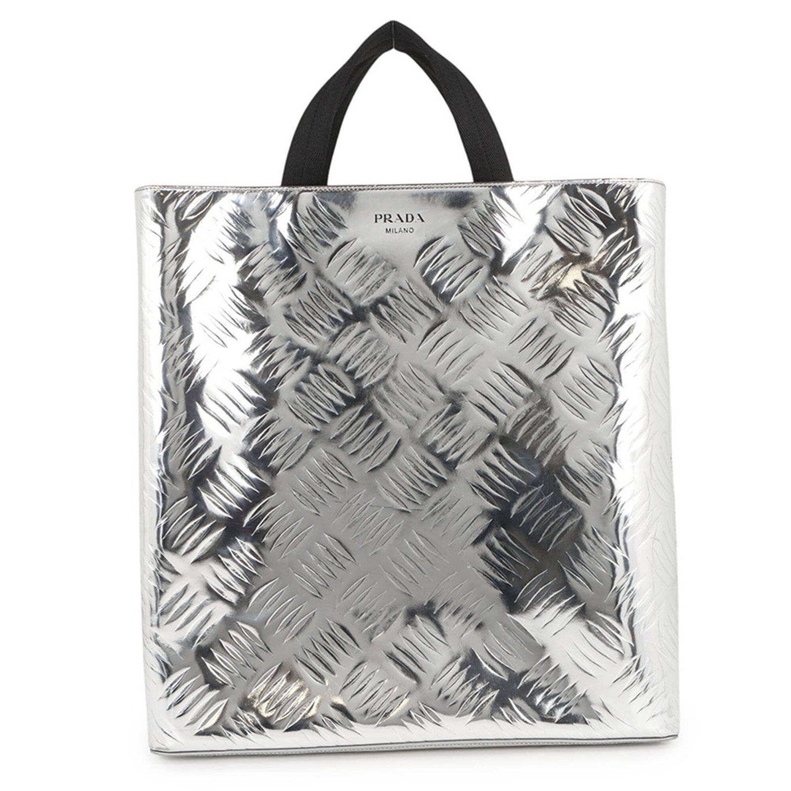 Canvas leather shopping bag tote handbag by Prada: Canvas leather shopping bag tote handbag by Prada Canvas leather shopping bag tote handbag by Prada, crafted from high-quality canvas and adorned with sleek silver hardware, features an open closure.