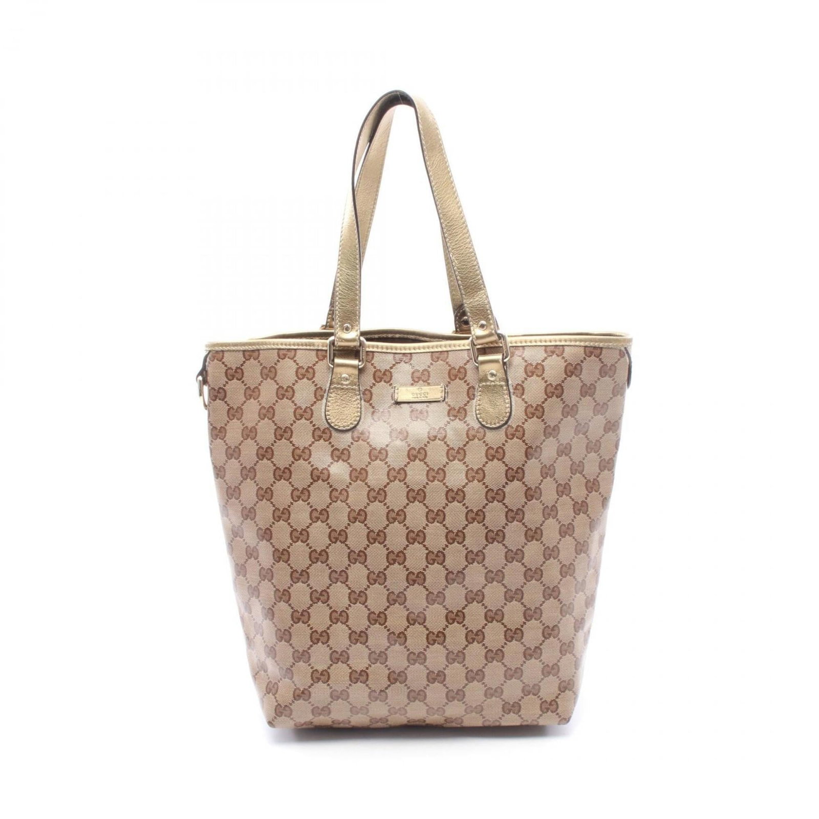 Pvc Leather Handbag Tote Gucci: Pvc Leather Handbag Tote Gucci PVC and leather materials combine in this Gucci tote bag, offering a unique blend of styles. The beige, brown, and gold color scheme adds a touch of sophistication to th
