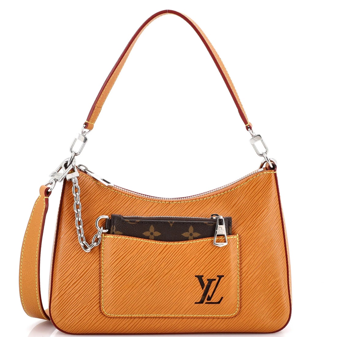 Epi Leather Handbag Louis Vuitton Marelle: Epi Leather Handbag Louis Vuitton Marelle Brown Epi Leather Louis Vuitton Marelle Hobos Handbag with Extra Strap and Pochette, featuring minor scuffs, creases, and corner wear. The handbag's classic d